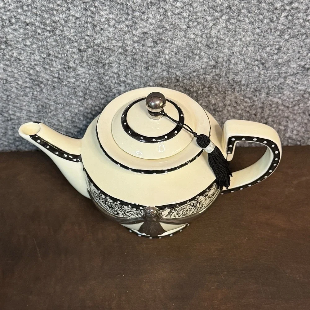 Vintage Mud Pie Paris Collection Cream & Black Toile & Floral Teapot